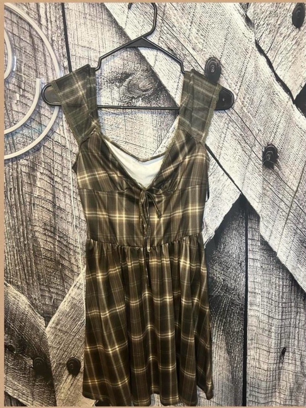 Source Unknown Olive Green Plaid Mini Dress